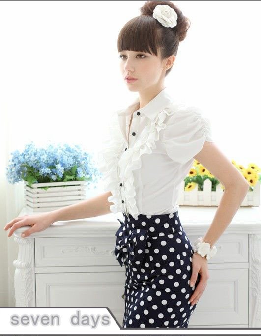 Free Shipping New Korean Style White Flounce Slim Summer Short Sleeve Shirt YA071208