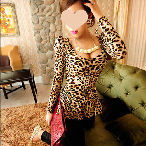 Free Shipping New Korean Women Wild Leopard T-shirt Long Sleeve Sweat Heart Collar Tops Blouses Puff Ruffled Slim Shirt WS1006-1