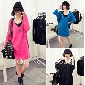 Free Shipping+New Ladies Batwing Deep V Neck Knitted Pullover Jumper Casual Loose Long Sweater