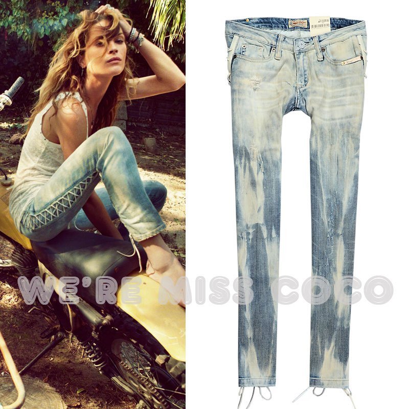 Free shipping New ladies Jeans hot selling, natural grind old, skinny jeans with spell leather and lace, for women, good quality