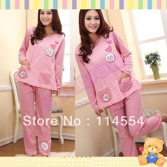 Free Shipping New Ladies Women's Cute Cartoon Crew Neck Long Sleeve Cotton Home Wear Pajamas Sleepwear 11178