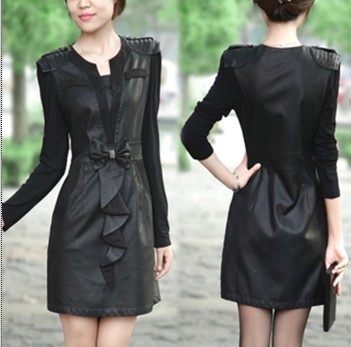 Free shipping new Leather skirt long sleeve lace package hip PU stitching cultivate one's morality dress