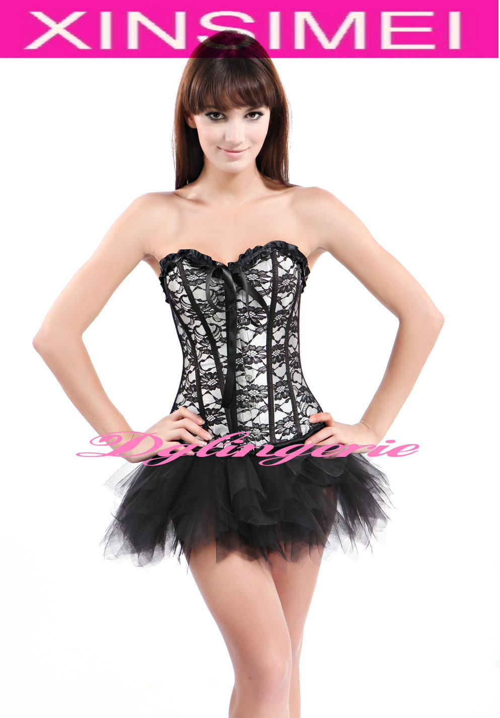 Free shipping New Model Sexy Boned black lace up Corset with tutu skirt