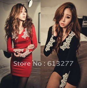 Free shipping! New nightclub sexy slim women's V-neck lace tight-hip mini dress D69