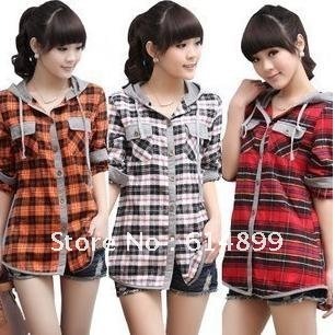 Free shipping New plaid shirt big yards Autumn Hooded casual long-sleeved shirt