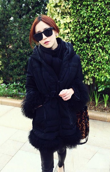 Free shipping-New Popular Women Celebrity Hooded Black Down Coat,Cute Lady Trench Cape Coat