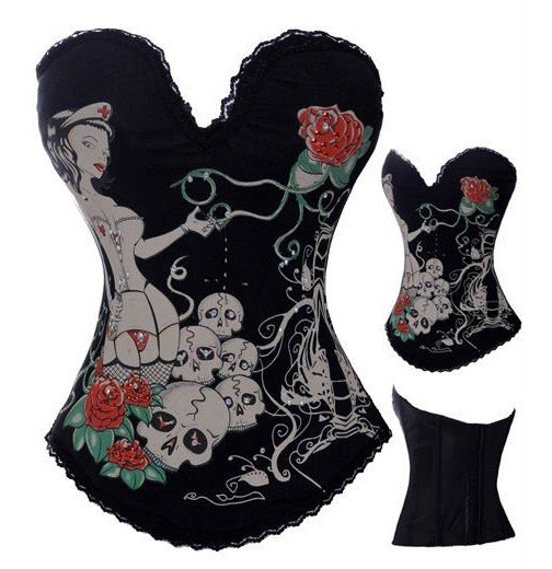 Free Shipping New Punk Wind Gothic Sensual Print Rhinestone Corset Sexy Lingerie Size S-XL