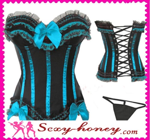 Free Shipping New Sexy Black and Light Blue Satin Lace up Corset Lingerie G-string-LD-10310