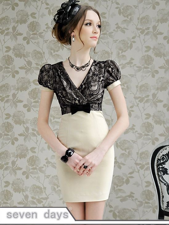 Free Shipping New Sexy OL V-neck Patchwork Bowknot Puff Short Sleeve Lace Dress SL041318LY