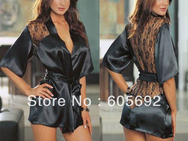 Free Shipping New Sexy Women Black Lace Backless Lingerie Nightdress Bath Robe Sleepwear S119