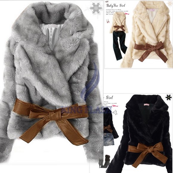 Free Shipping New Short Coat Women's Korean Style Outwear Belted Faux Fur Rabbit Hair