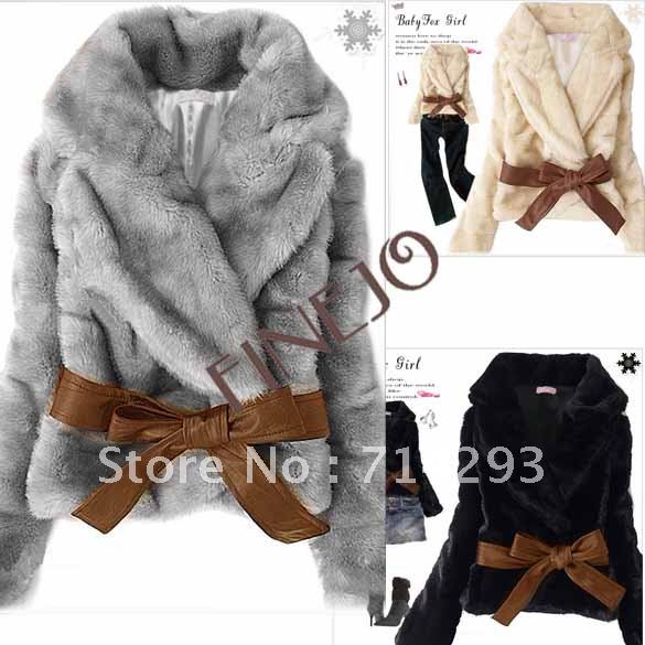 Free Shipping New Short Coat Women's Korean Style Outwear Belted Faux Fur Rabbit Hair Black, Gray, Apricot 3376