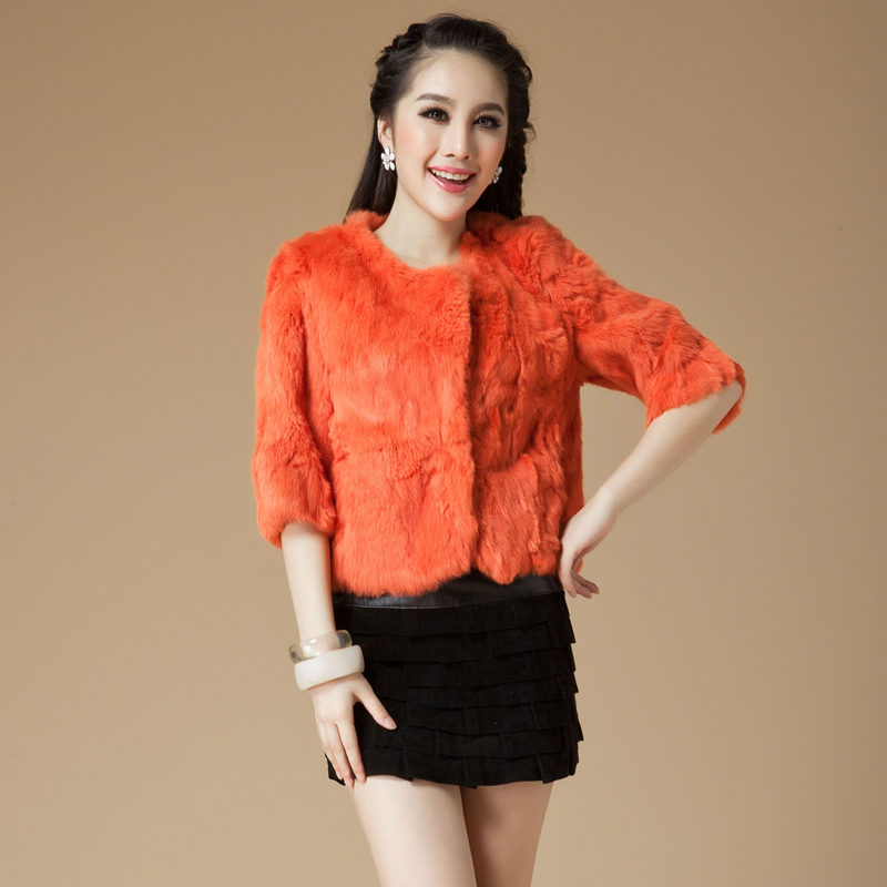 free shipping, new short design rex rabbit hair fur coat o-neck three quarter sleeve women's