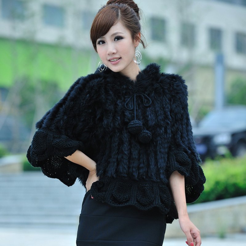 Free Shipping New Style Knitted Rabbit Fur Poncho with Hood 3Colors K12043#