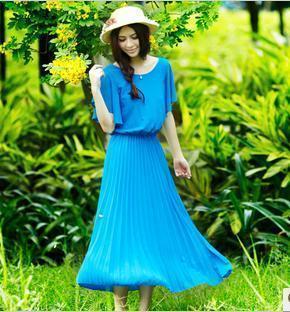 free shipping!New style summer ladies skirt blue batwing sleeve chiffon pleated skirt one-piece dress bohemia full dress WYL1301