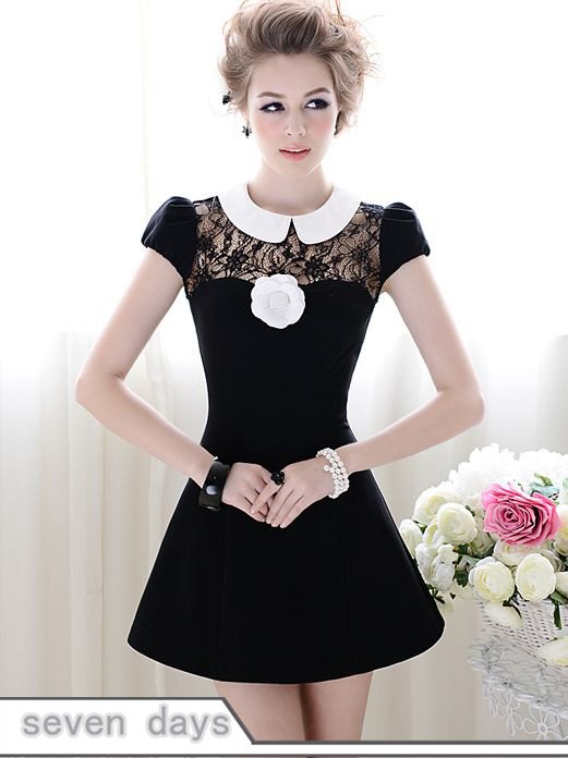 Free Shipping New Summer Fashion Turn Collar Puff Short Sleeve Lace Embroidery Mini Dress In Black SL051120BA