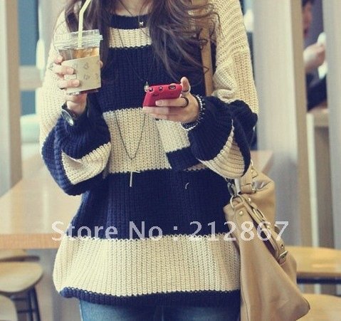 Free Shipping New Sweaters 2012 Women's Soft Striped Baggy Jumper The Round Packages Needle Warm Sweater