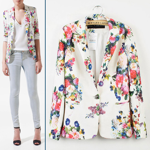 Free Shipping New Women Chic Long Sleeve One Button Slim Coat Lady Fit Flower Print Blazer Jacket Suit Outerwear WCT45