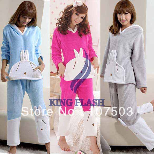 Free shipping New Women Cute Winter Thicken Long Sleeve Cartoon Rabbit Pattern Hooded Cotton Pajamas fleece Sleepwear set 9277