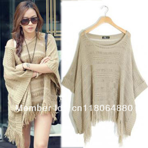 Free Shipping New Women Fashion Batwing Tassel Cape Poncho Knit Sweater Top Jumper Free Size WS46