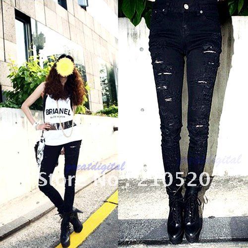 Free Shipping New Women Fashion Black Cut-out Skinny Punk  Ripped Pants Jeans Leggings Trousers