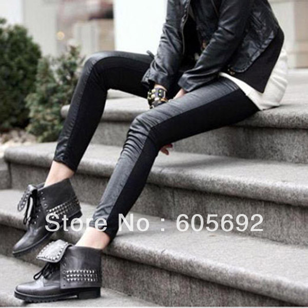 Free Shipping New Women Fashion Front Faux Leather Back Cotton Stitching Peatchwork Leggings Slim Skinny Tights Pant PA2