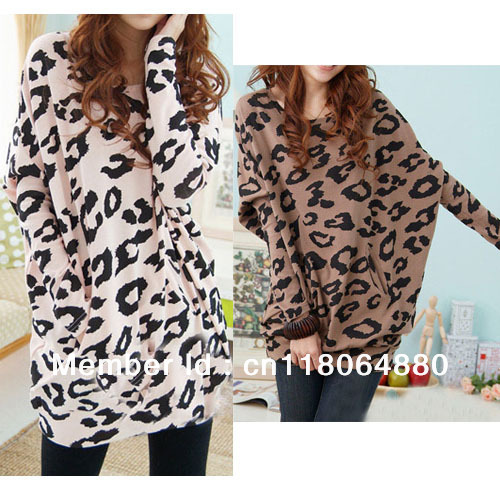 Free Shipping New Women Fashion Leopard Print Batwing Long Sweater Shirt Crewneck Free Blouse Dress WS102