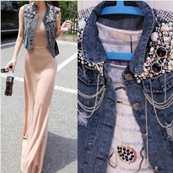 Free Shipping New Women Fashion Sequins Beading Summer Denim Vest Cowboy Outerwear Lady Vest Outfits