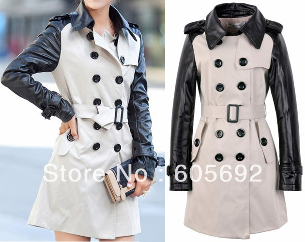 Free Shipping New Women Faux Leather Sleeve Double Breasted Button Long Coat Turn-down Collar Jacket With Belt WCT89