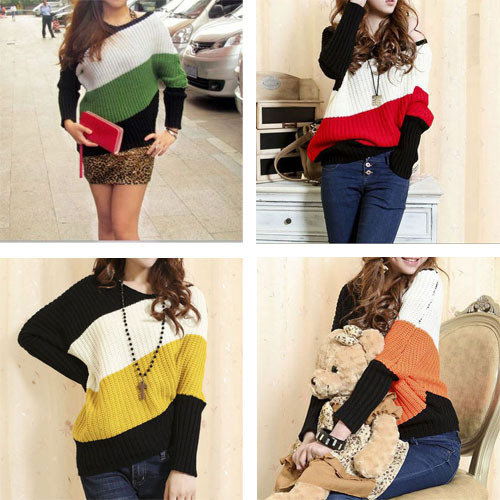 Free shipping New Women Korean Fashion Fall Oblique Stripe Colorful Knit Crewneck Sweater  WS77