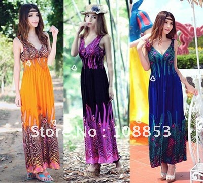 Free Shipping New Women Ladies Bohemia Style Summer Sexy Long Maxi  Double V Neck Dress Beach Dress Skirt With Peacock Patterns