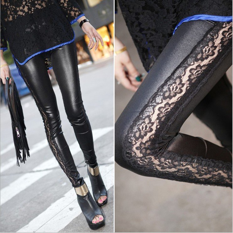 Free shipping new Women Leggings nine points imitation leather the side lace PU leather stitching lace leggings