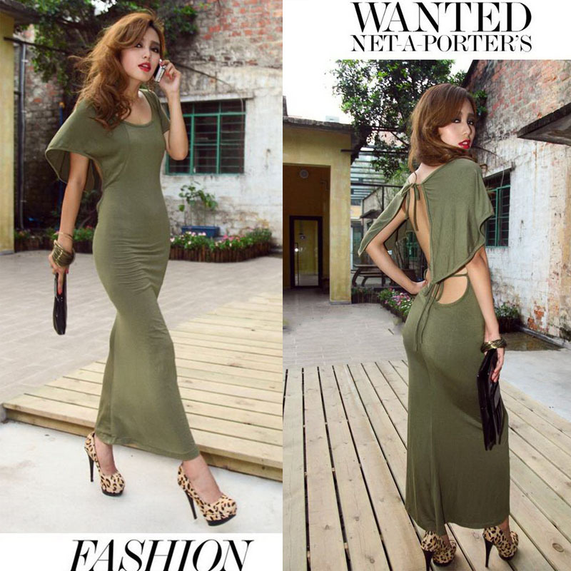 Free Shipping New Women Novelty Army Green Back Tie Elegant Open Back Ball Gown Cape Shawl Wiggle Party Maxi Ankle-Length Dress