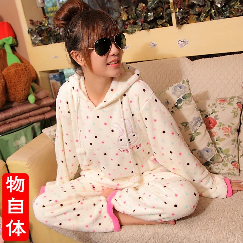 Free Shipping New Women of the cute little rabbit Polka Dot Hooded coral velvet pajamas