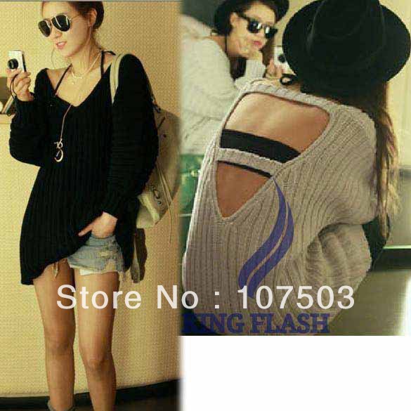 free shipping New Women's Backless From/Back V-Neck Design Mid-Length Loose Knitwear Knitting Sweater Coat Outerwear  9022