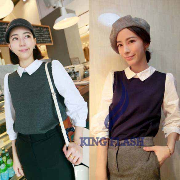 free shipping New Women's Blouse Sweet Faux Twinset Princess long Sleeve Color Block Shirt Tops Gray, Purple. 9019