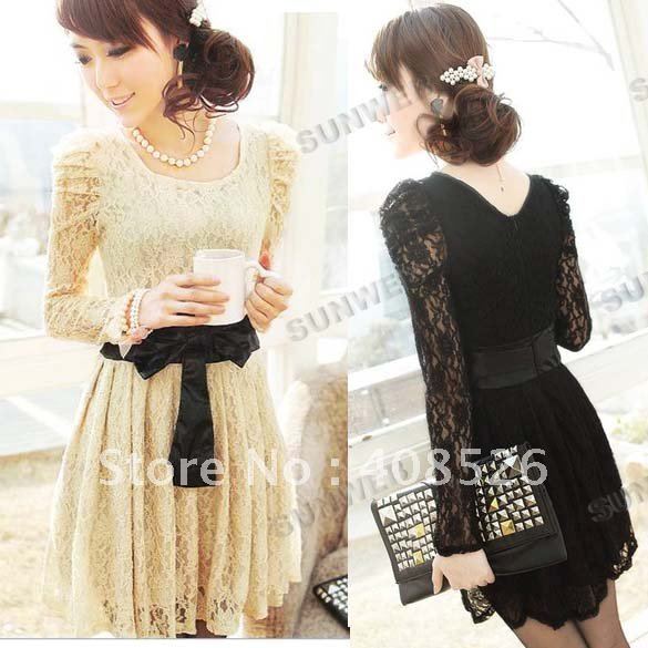 Free shipping New women's dress,Korean style long-sleeved lace dress2 colors Black/Beige 3573