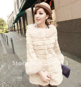 free shipping new women's fashion faux fox fur collar patchwork cony hair stripe long fur clothing winter coat outwear