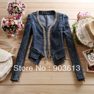 Free shipping new Women's fashion retro elastic chain denim short jacket short coat 2colors