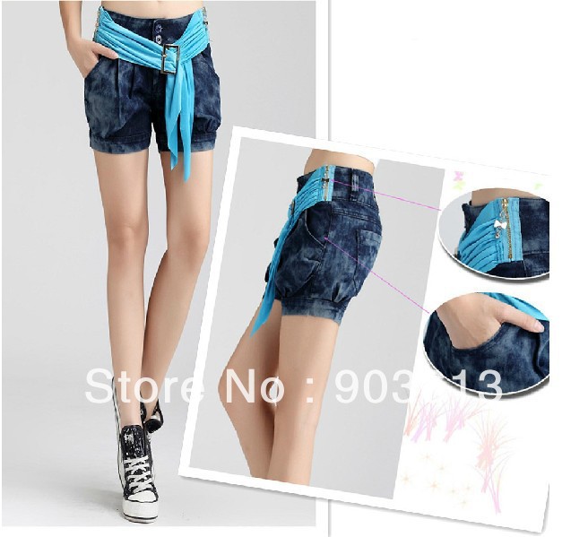 free shipping new women's fashion sashes zipper bow plus size harem pants denim shorts hot shorts