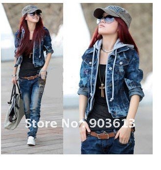 free shipping new women's fashion short style patchwork hooded plus size chaqueta jackets denim jacket coat S-XL