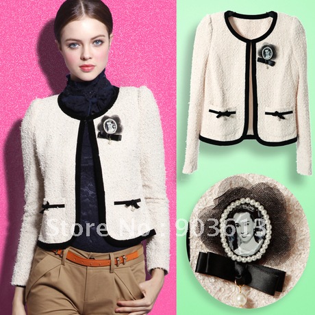 Free shipping new women's fashion small sweet wind vintage brief slim short jacket short coat unique lace brooch