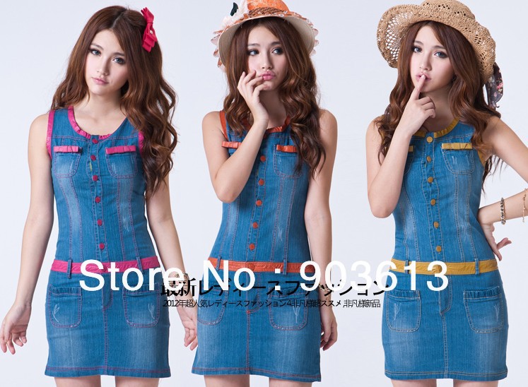 free shipping new women's fashion sweet elastic sleeveless patchwork leather slim denim dress S-L