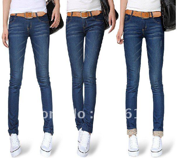 Free shipping new women's fashion turnup 2 kinds to wear mid waist elasticity pencil pants skinny jeans plus size with belt