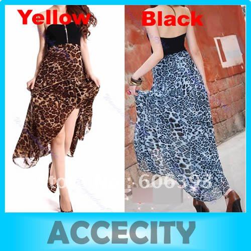 Free Shipping New Women Sexy Chiffon Bustier Maxi Dress Leopard Pattern two color to choose