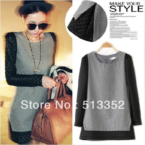 Free shipping new Women Slim the fashion sweet long-sleeved leather stitching woolen dress