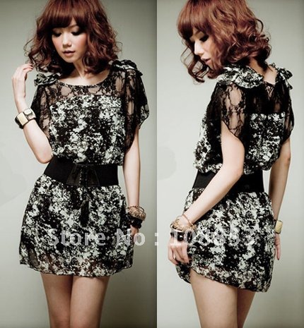 Free Shipping New Womens Fashion Korea Sexy Lace Mini Chiffon Dress Black Without Belt