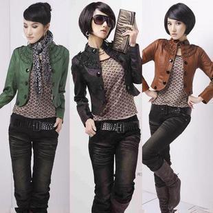 Free Shipping New Womens Fashion Short Leather Jacket Stand Collar Small Lady's Outwear Coat