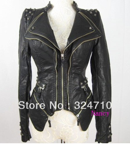 Free Shipping New Womens Punk Spike Studded Shoulder PU Leather Jacket Zipper coat Size S-XL