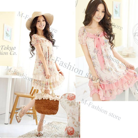 Free shipping New2012 Sweet Princess lady Floral Crew Neck Short Sleeve Bowknot Slim Chiffon mini Dress  3778